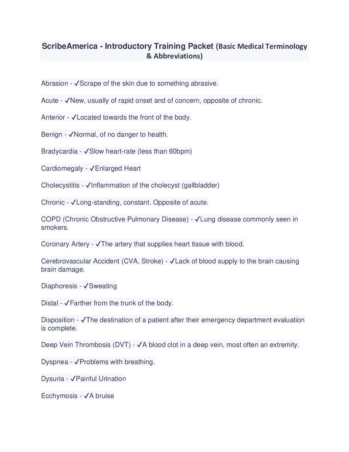 Preview image for ScribeAmerica - Introductory Training Packet (Basic Medical Terminology & Abbreviations) 2023/2024